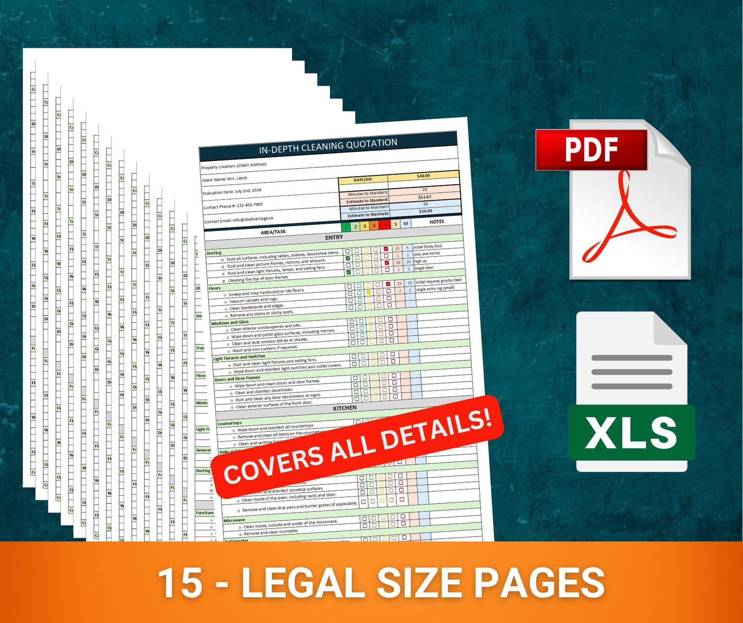 CALCULATES FOR YOU! 15 legal size pages to price the initial clean, and ongoing clean, at the same time! Stop losing money on initial cleans