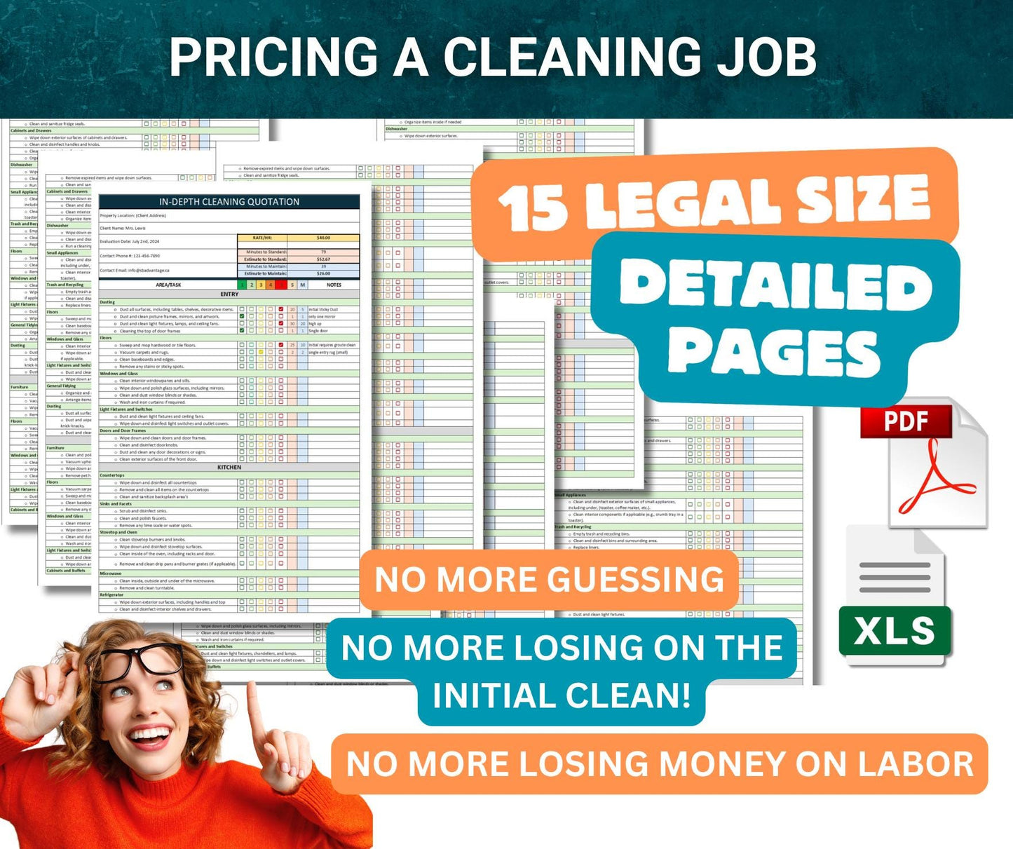 CALCULATES FOR YOU! 15 legal size pages to price the initial clean, and ongoing clean, at the same time! Stop losing money on initial cleans
