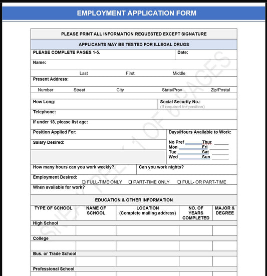 Employment application! 6-Pages - Covers ALL - 'form waiver', military background and drug testing - (WORD and PDF so you can customize!)