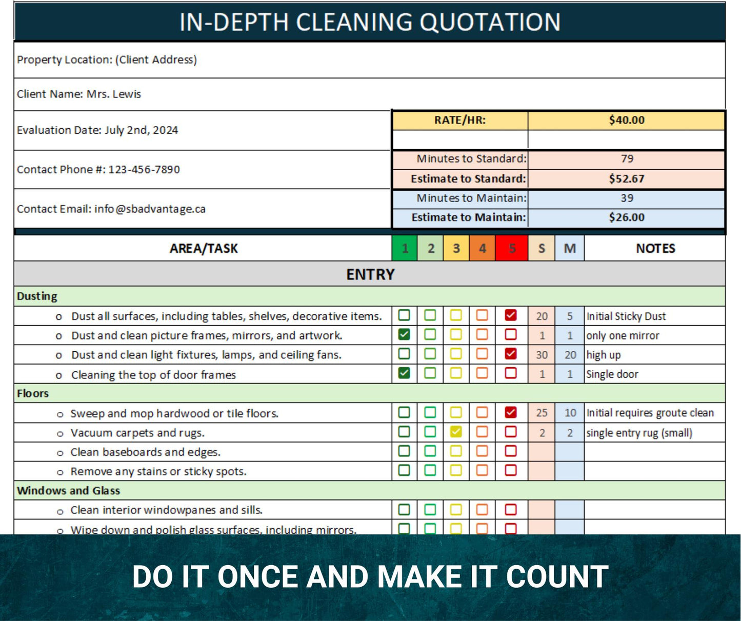 CALCULATES FOR YOU! 15 legal size pages to price the initial clean, and ongoing clean, at the same time! Stop losing money on initial cleans